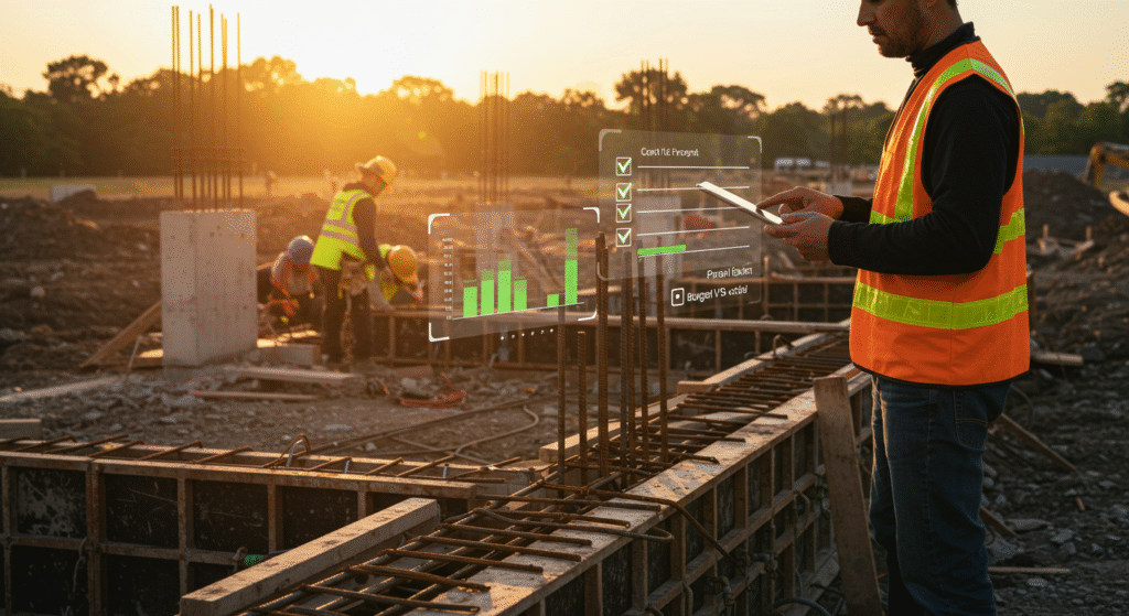 Construction foreman using a tablet on a jobsite, with data charts overlay illustrating construction workflow software.