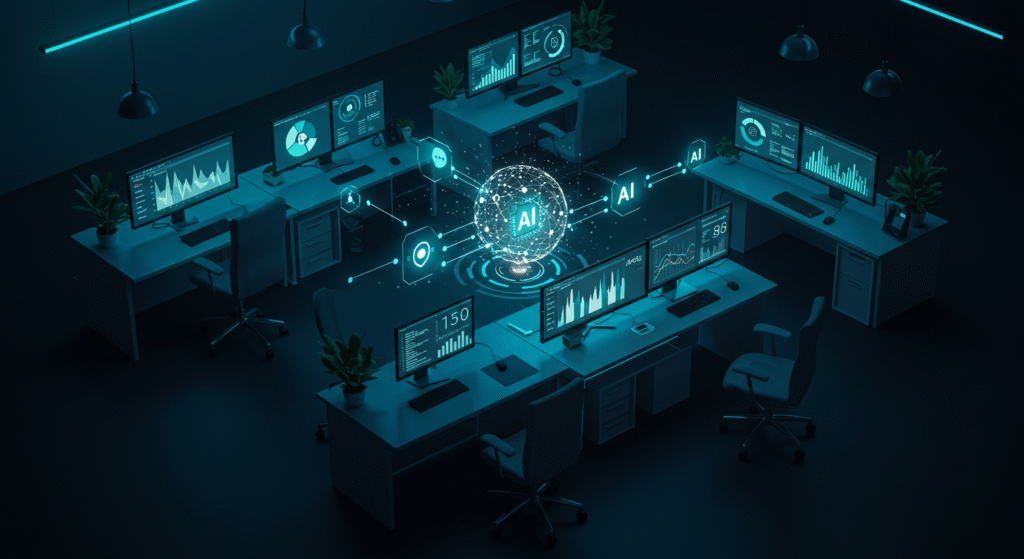Illustration of call center AI software with analytics dashboards and routing lines from a central AI hub to agents in a modern contact center