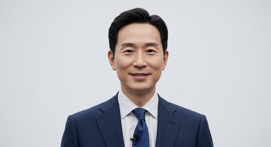 Professional headshot of a presenter in a suit, used as the hero image for the Heygen pricing 2025 article