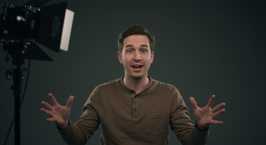 Man speaking to camera in a studio with soft light and a dark background, hands raised for emphasis