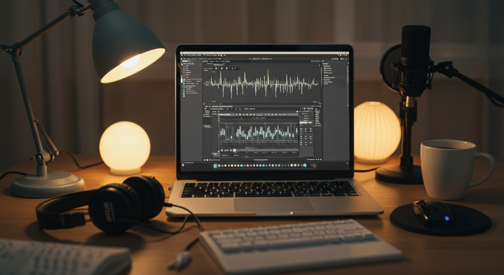 Home studio desk with laptop showing a vocal editor, studio mic on a stand, headphones, and a coffee mug in warm light