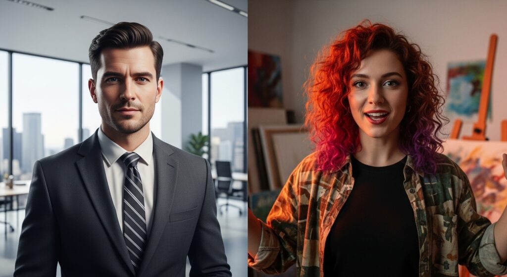 Split-screen of two AI-generated avatars: one corporate male in a suit, one creative female in casual wear—representing HeyGen vs Synthesia.