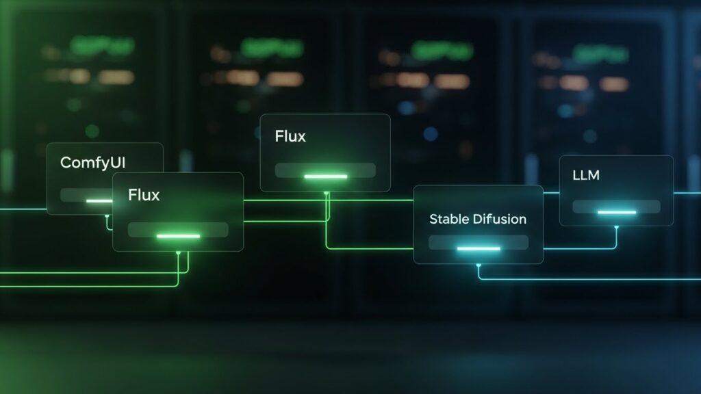 Illustration of an AI dashboard with RunPod templates for ComfyUI, Flux and LLM tools